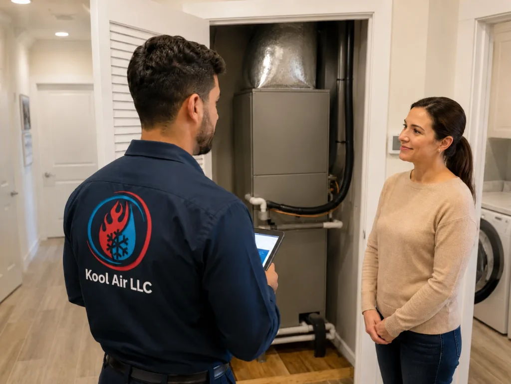 Kool Air LLC technician discussing heating repair with a Palm Coast homeowner